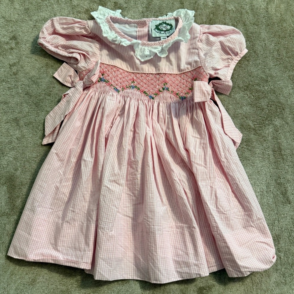 Cecil and Lou Pink Gingham Smocked Floral Dress Eyelet Collar 18M